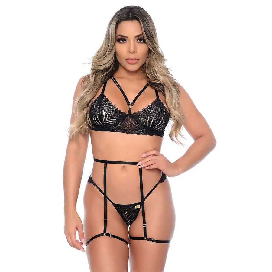 🖤 Conjunto Cinta Liga com Renda e Detalhes Strappy – Sem Bojo (Patitex 843) - Amora Íntima