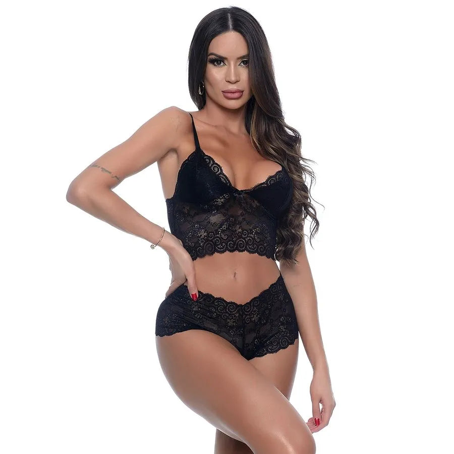 🌹 Conjunto em Renda com Cropped e Calesson Sem Bojo – HL040 (Hot Love) - Amora Íntima