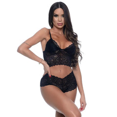 🌹 Conjunto em Renda com Cropped e Calesson Sem Bojo – HL040 (Hot Love) - Amora Íntima