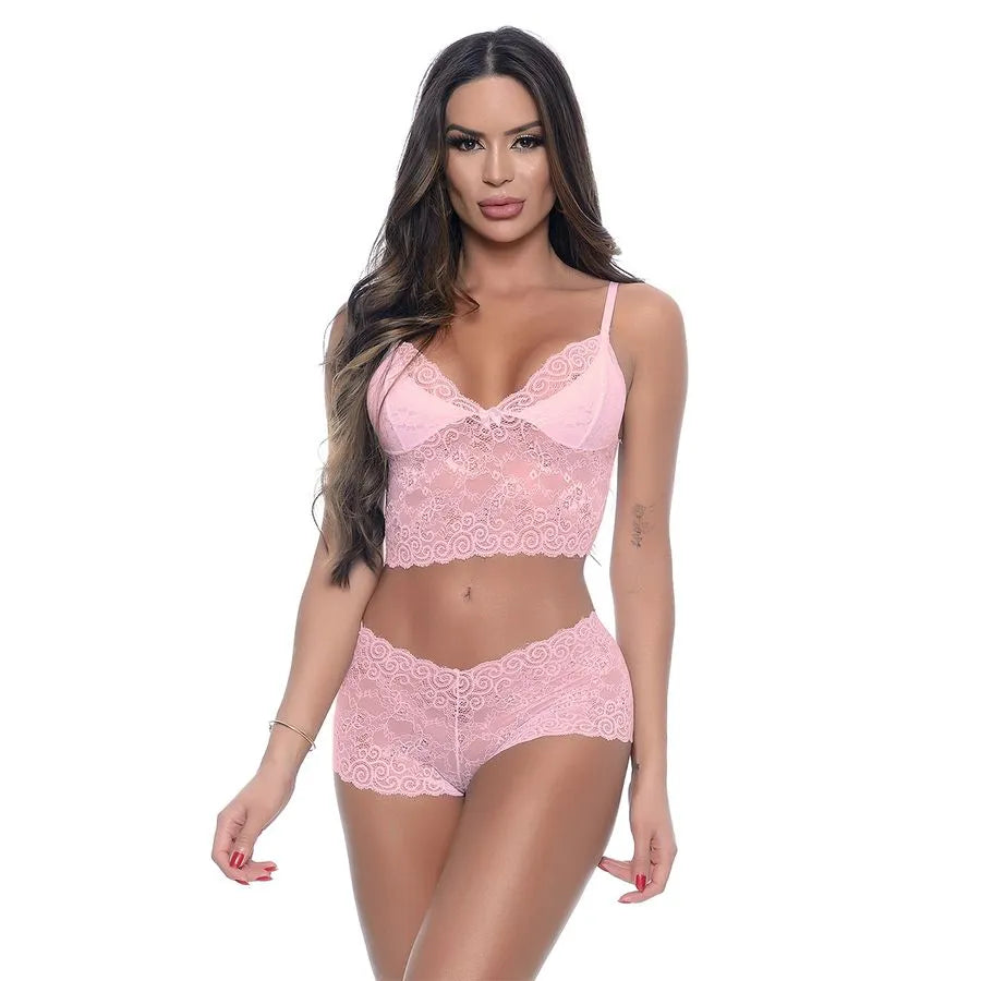 🌹 Conjunto em Renda com Cropped e Calesson Sem Bojo – HL040 (Hot Love) - Amora Íntima